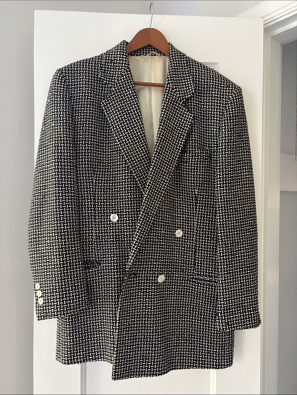 Black & White Woven Double-Breasted Blazer